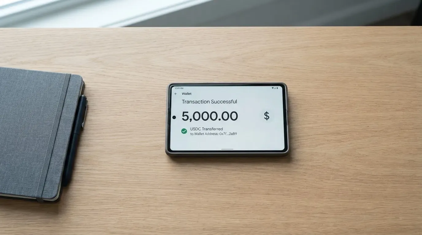 A phone showing a stablecoin transfer screen