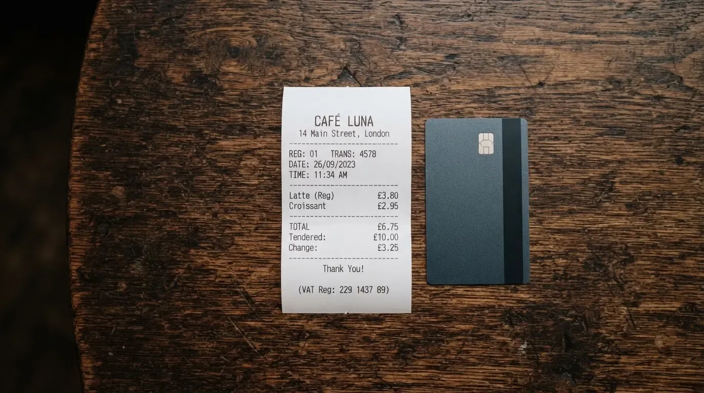 A receipt and a card on a café table