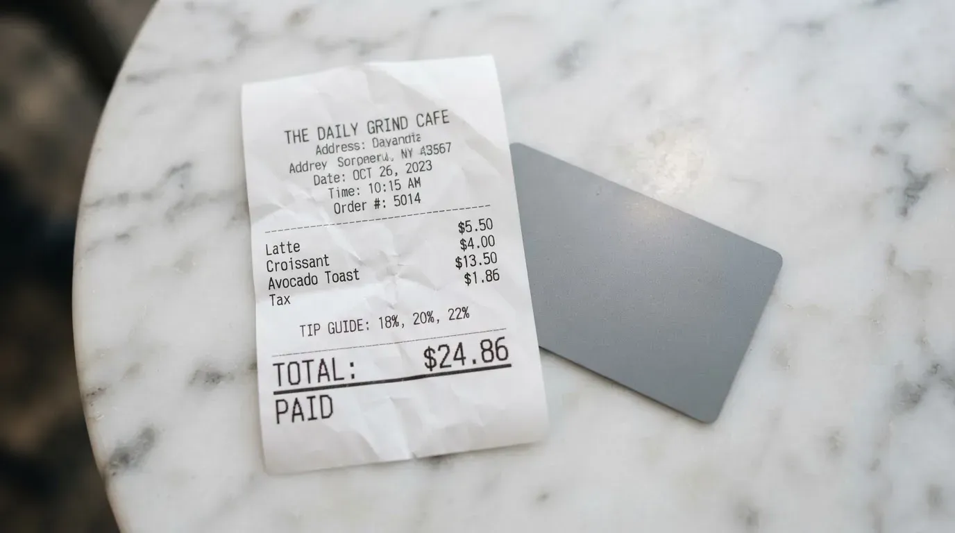 A receipt and a card on a café table
