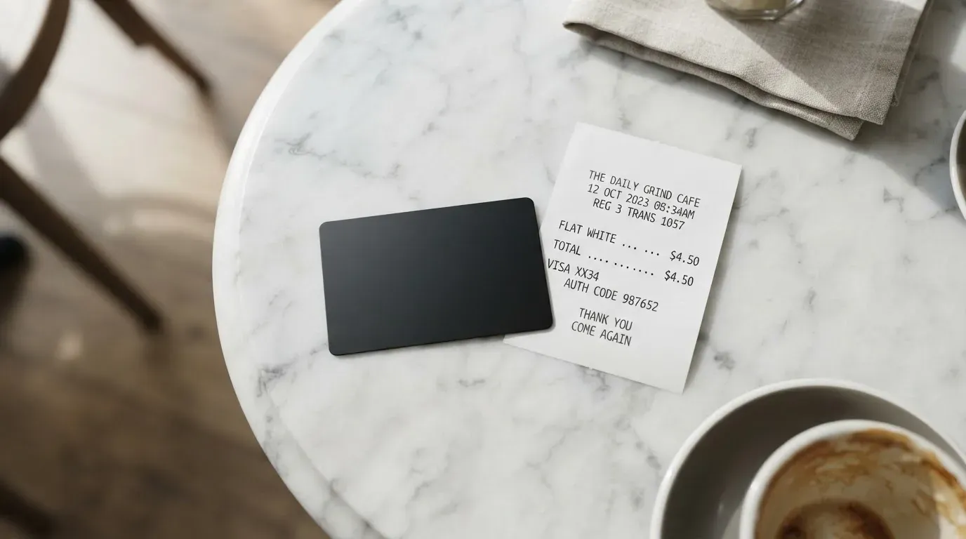 A receipt and a card on a café table