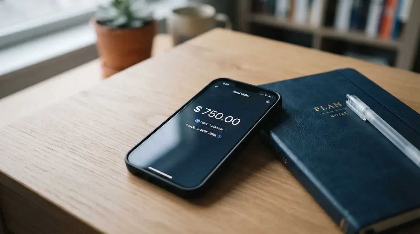 A phone showing a stablecoin transfer screen
