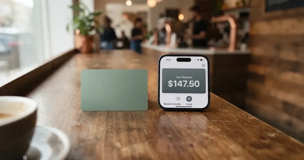 A payment card next to a phone with a crypto wallet app open