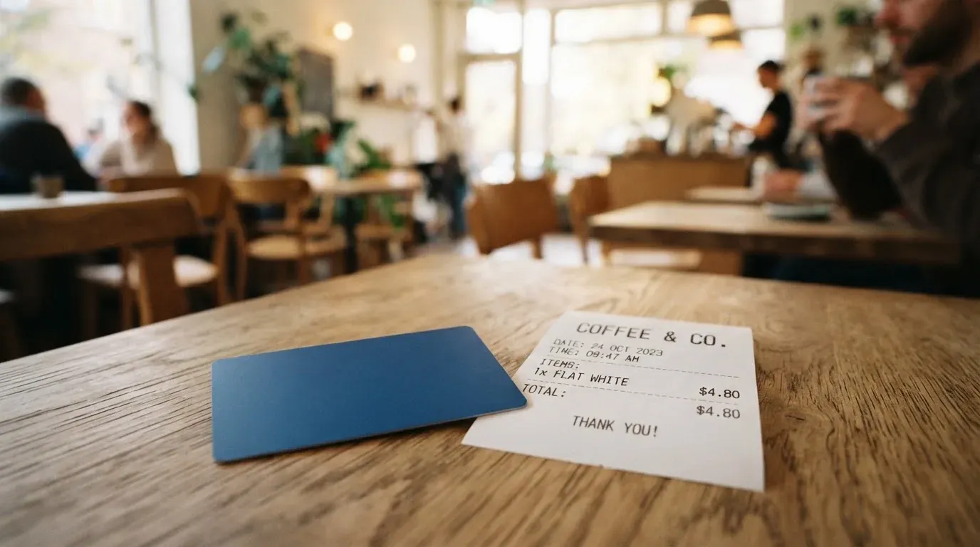 A receipt and a card on a café table