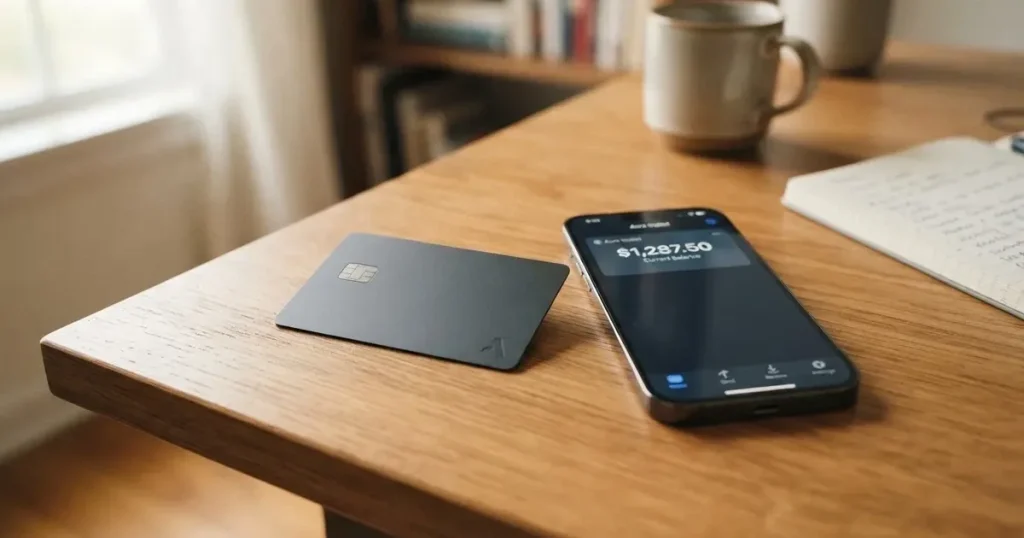 A payment card next to a phone with a crypto wallet app open