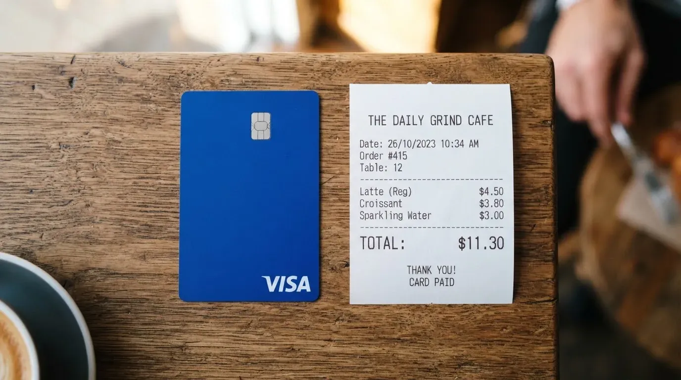 A receipt and a card on a café table