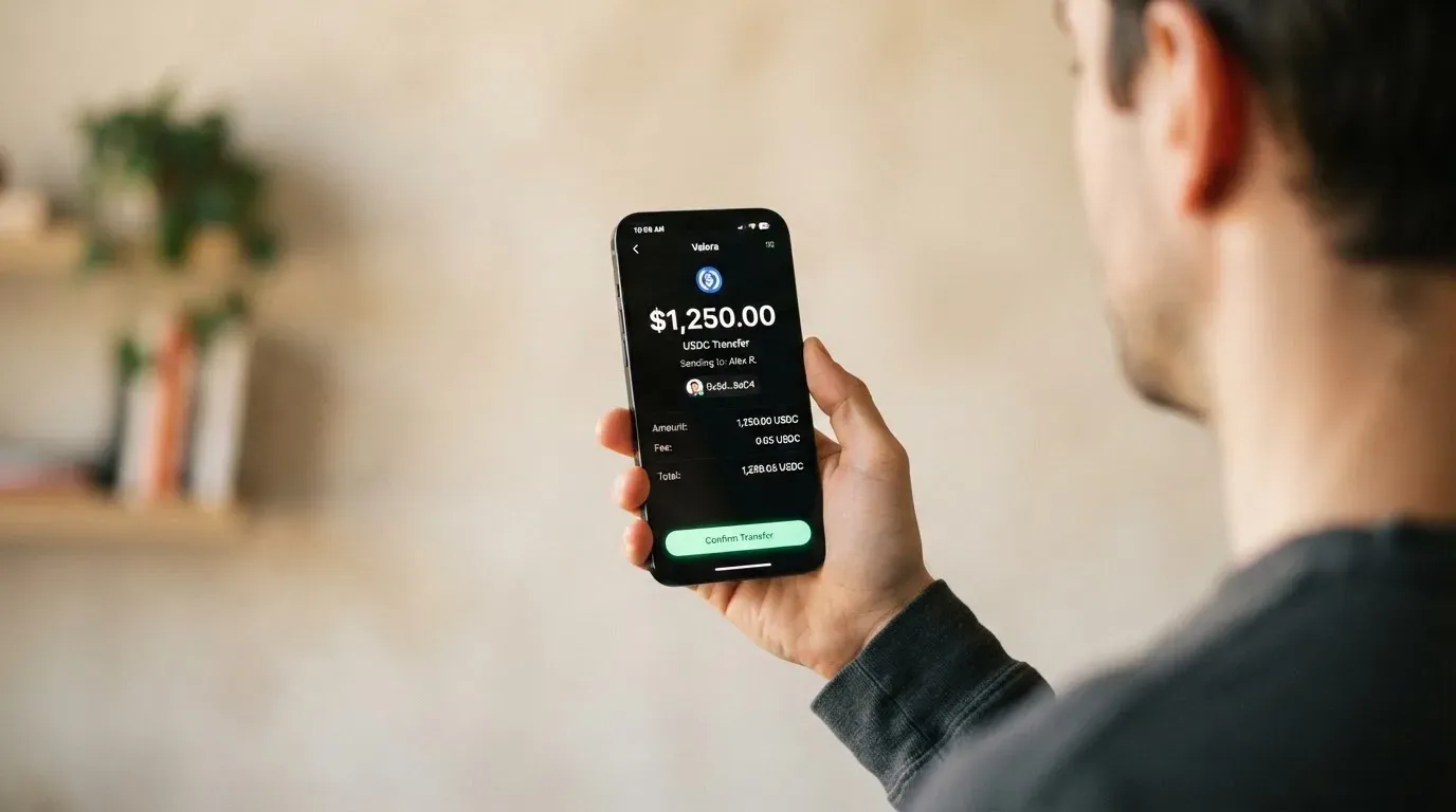 A phone showing a stablecoin transfer screen