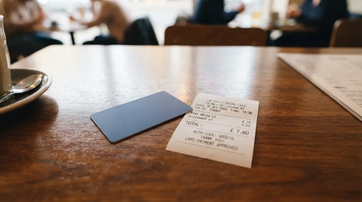 A receipt and a card on a café table