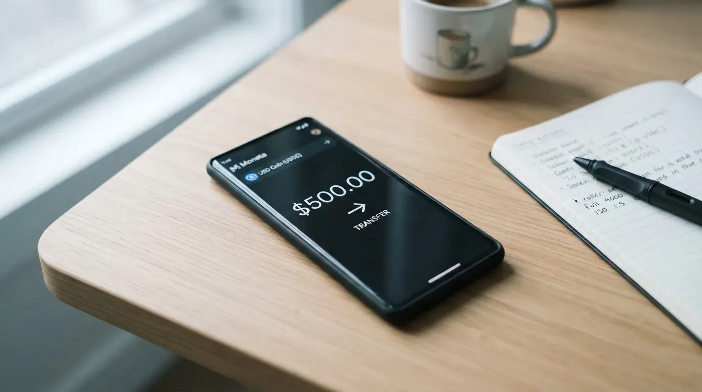 A phone showing a stablecoin transfer screen
