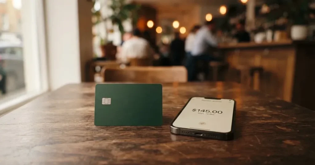 A payment card next to a phone with a crypto wallet app open