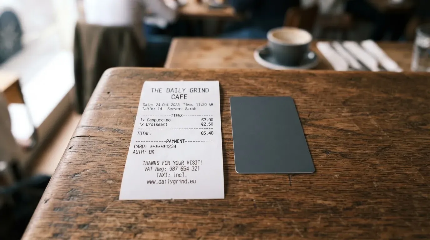 A receipt and a card on a café table