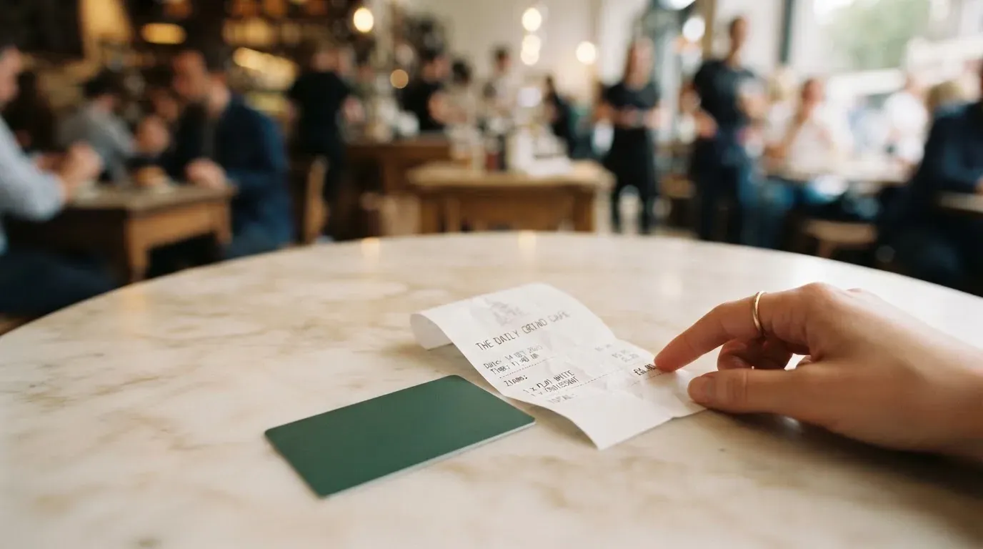 A receipt and a card on a café table
