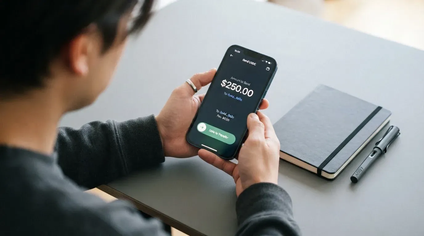 A phone showing a stablecoin transfer screen