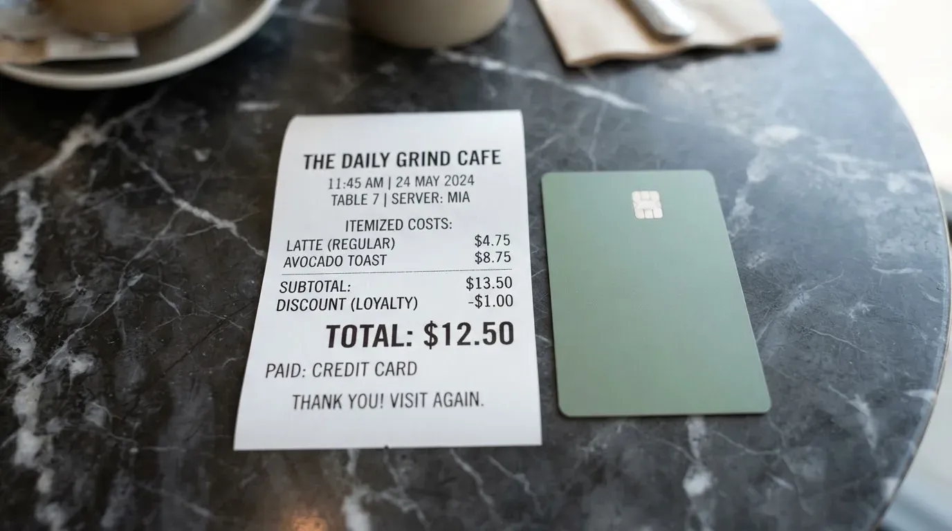 A receipt and a card on a café table
