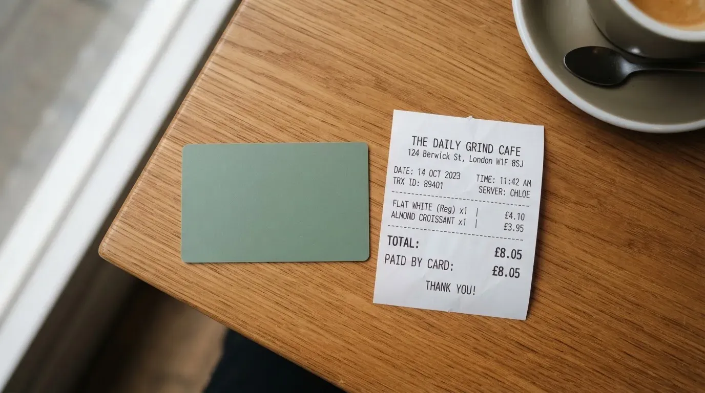 A receipt and a card on a café table