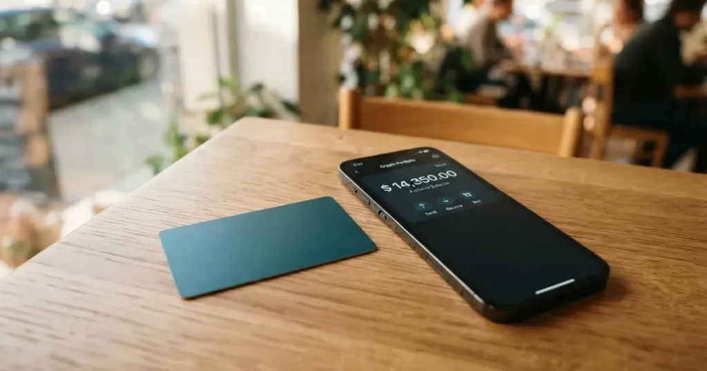 A payment card next to a phone with a crypto wallet app open