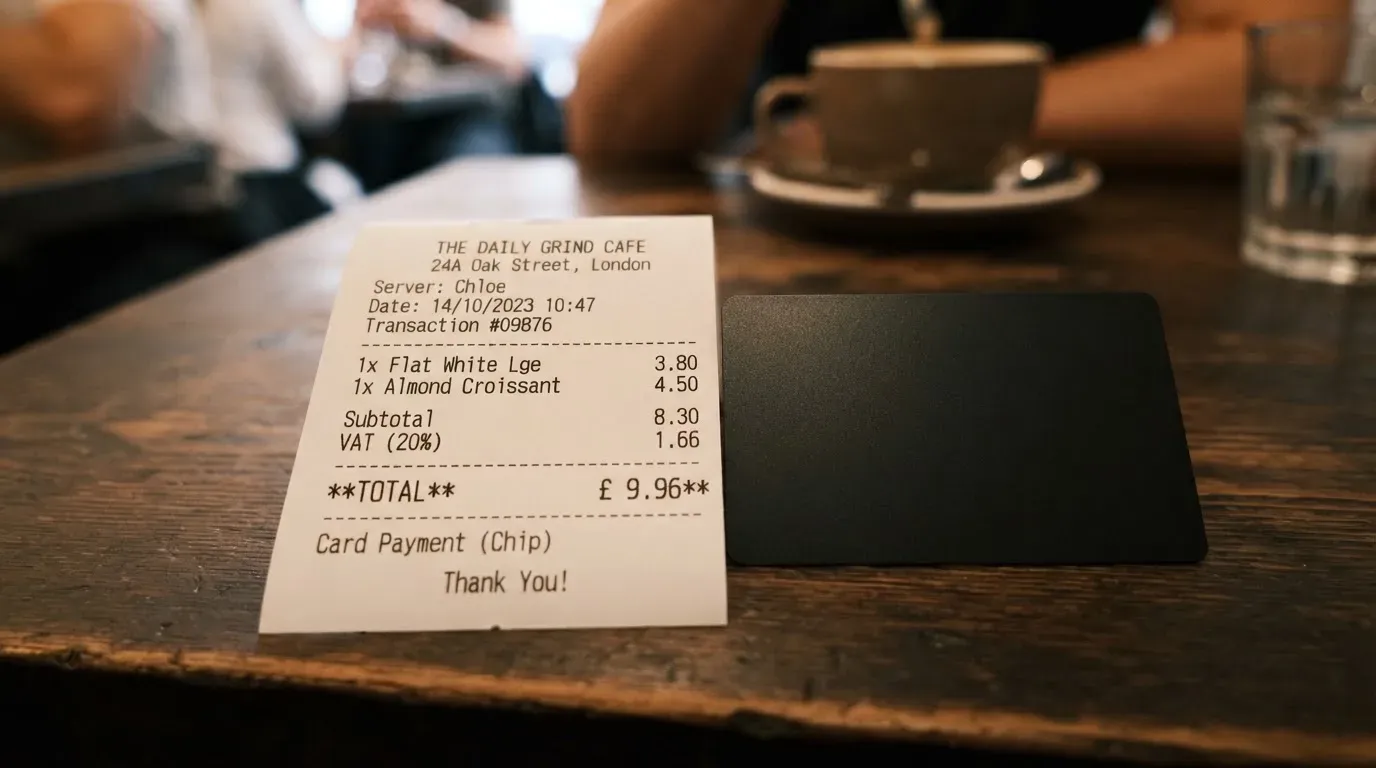 A receipt and a card on a café table