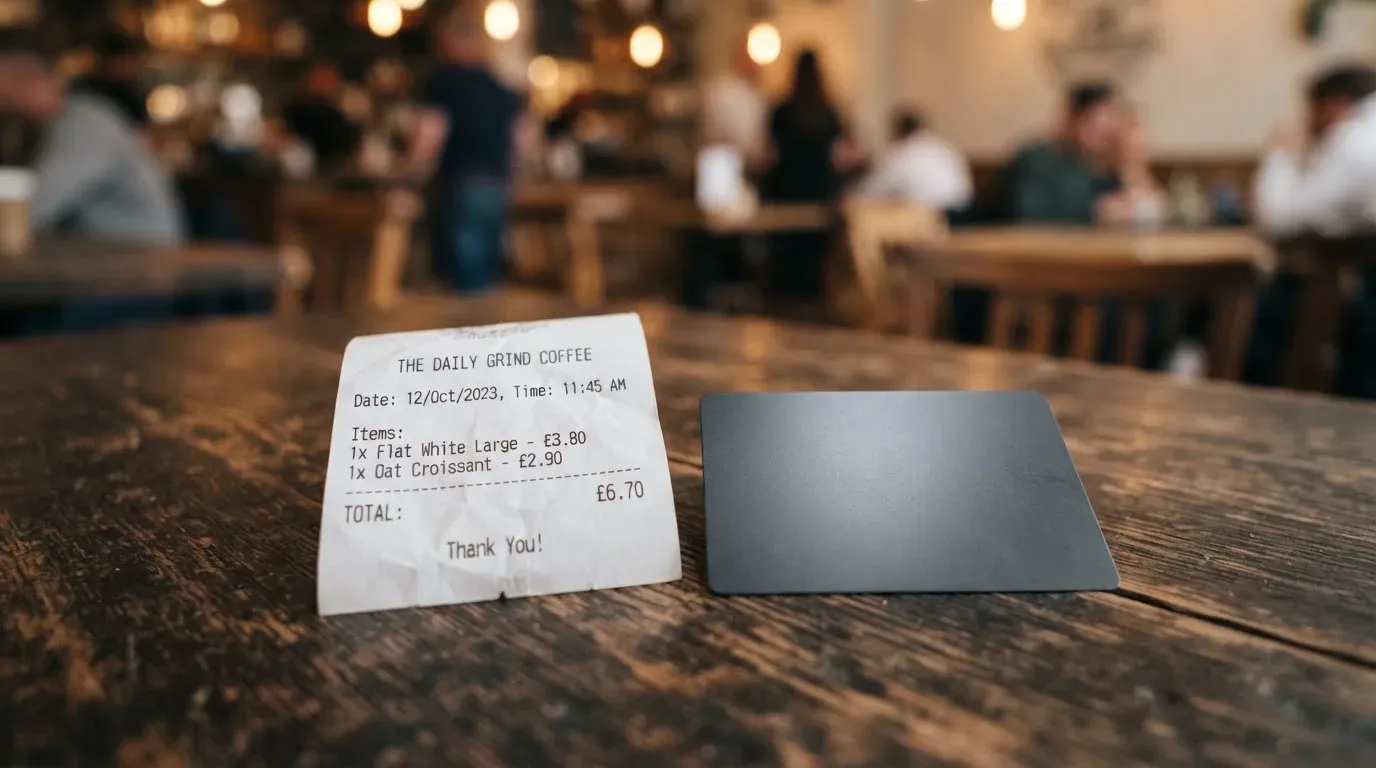A receipt and a card on a café table