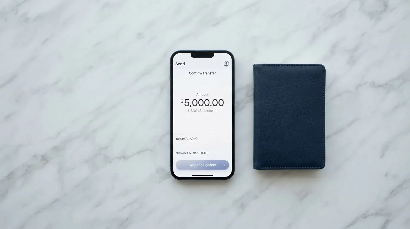 A phone showing a stablecoin transfer screen