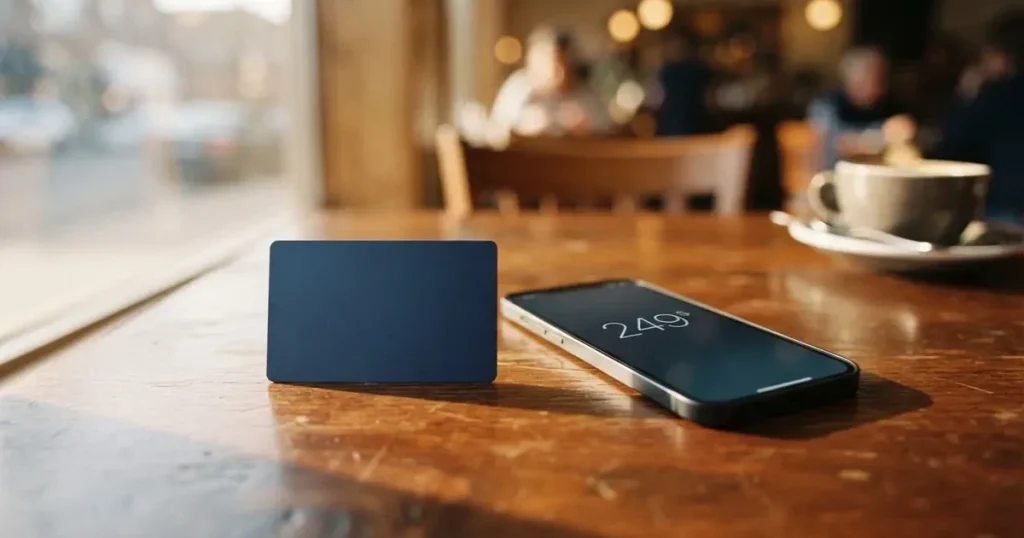 A payment card next to a phone with a crypto wallet app open