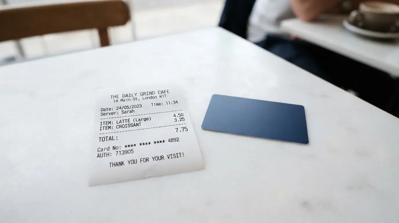A receipt and a card on a café table