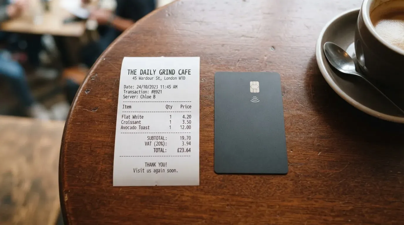 A receipt and a card on a café table