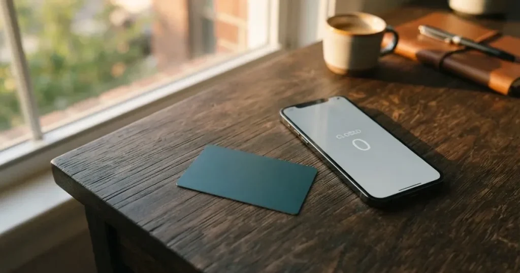 A payment card next to a phone with a crypto wallet app open