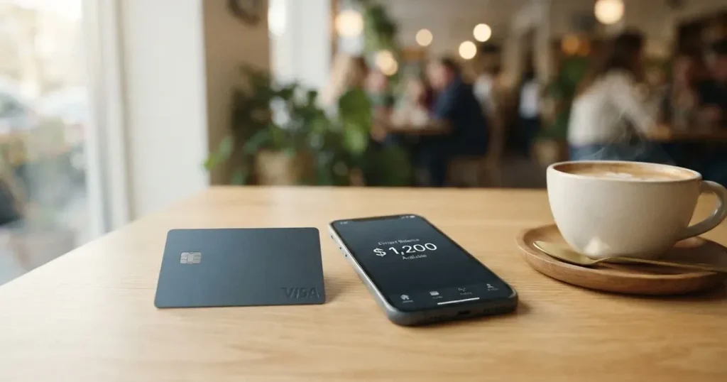 A payment card next to a phone with a crypto wallet app open