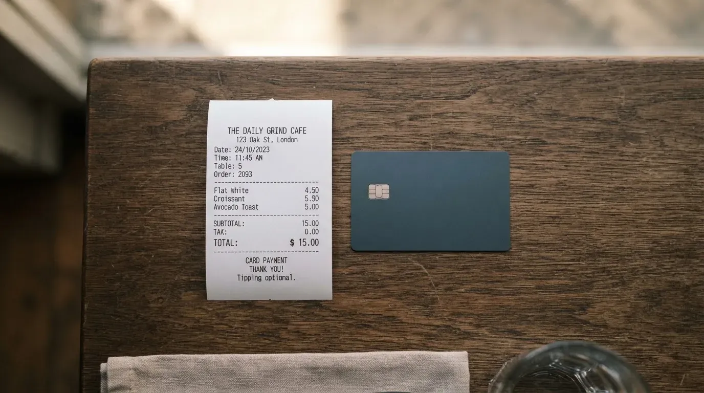 A receipt and a card on a café table