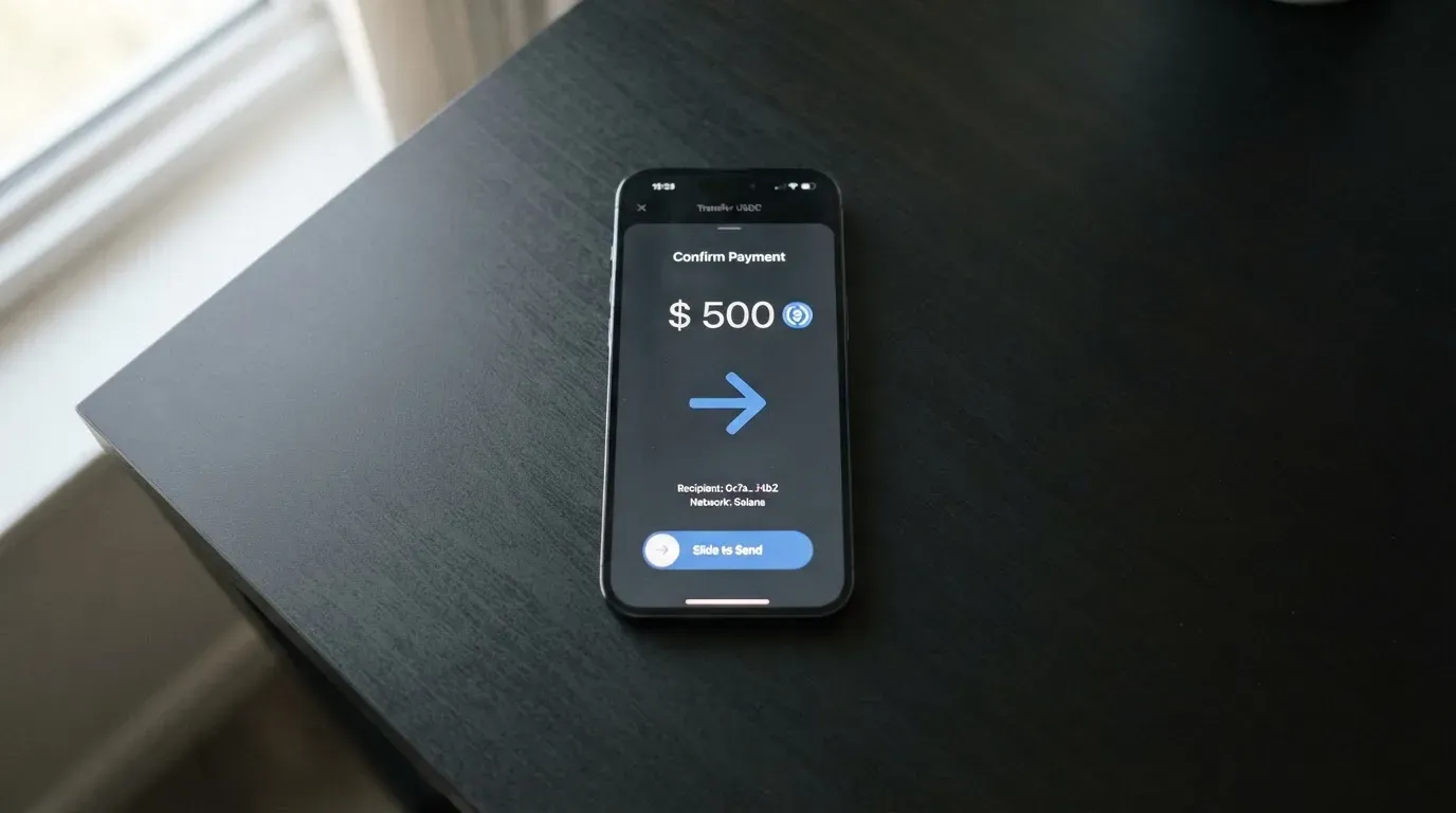 A phone showing a stablecoin transfer screen