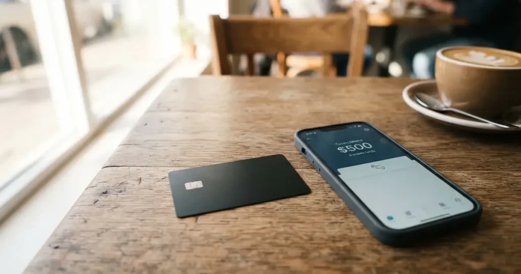 A payment card next to a phone with a crypto wallet app open