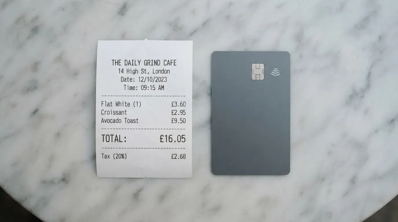 A receipt and a card on a café table