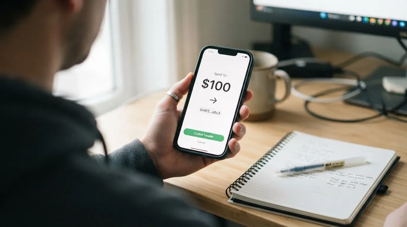 A phone showing a stablecoin transfer screen
