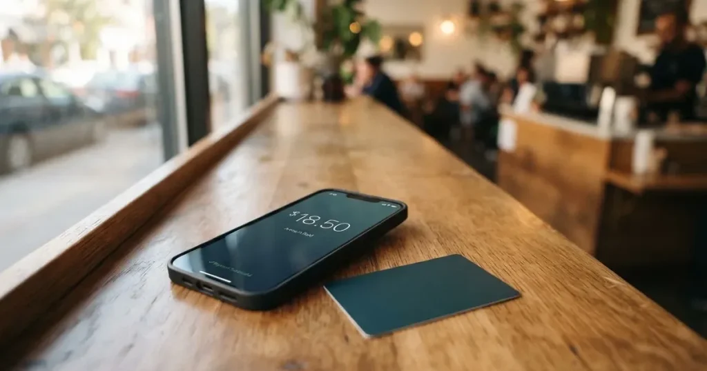 A payment card next to a phone with a crypto wallet app open