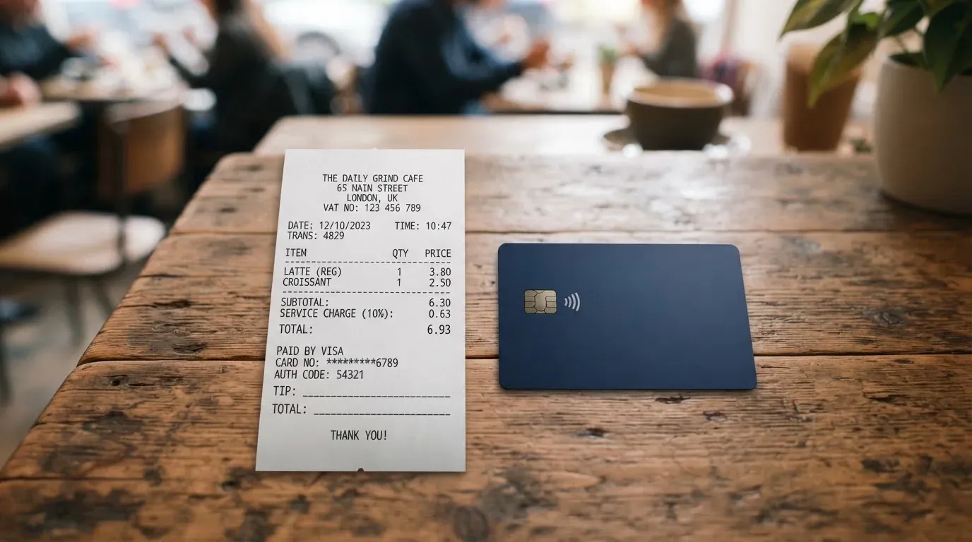A receipt and a card on a café table