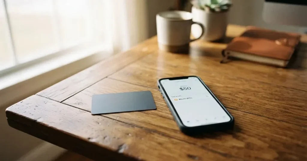 A payment card next to a phone with a crypto wallet app open