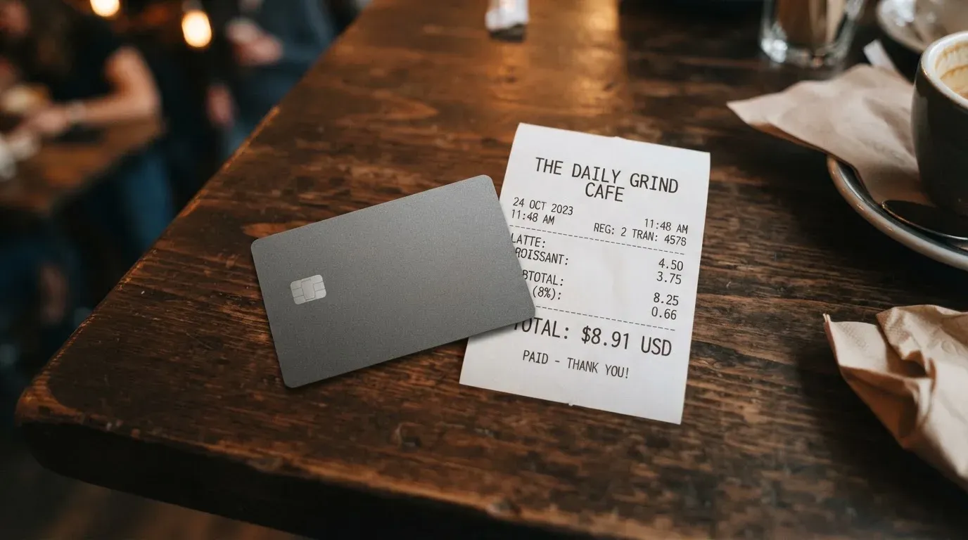 A receipt and a card on a café table