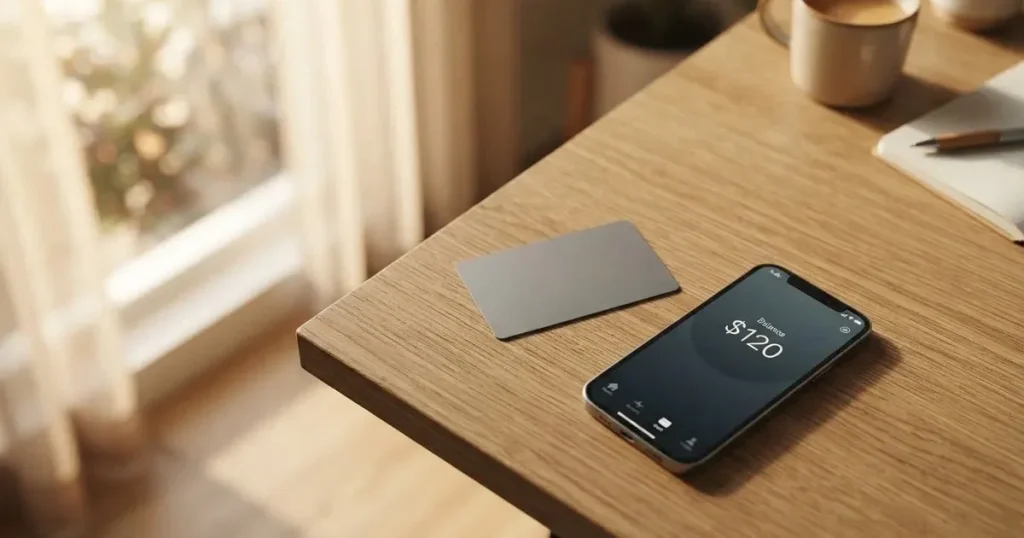 A payment card next to a phone with a crypto wallet app open