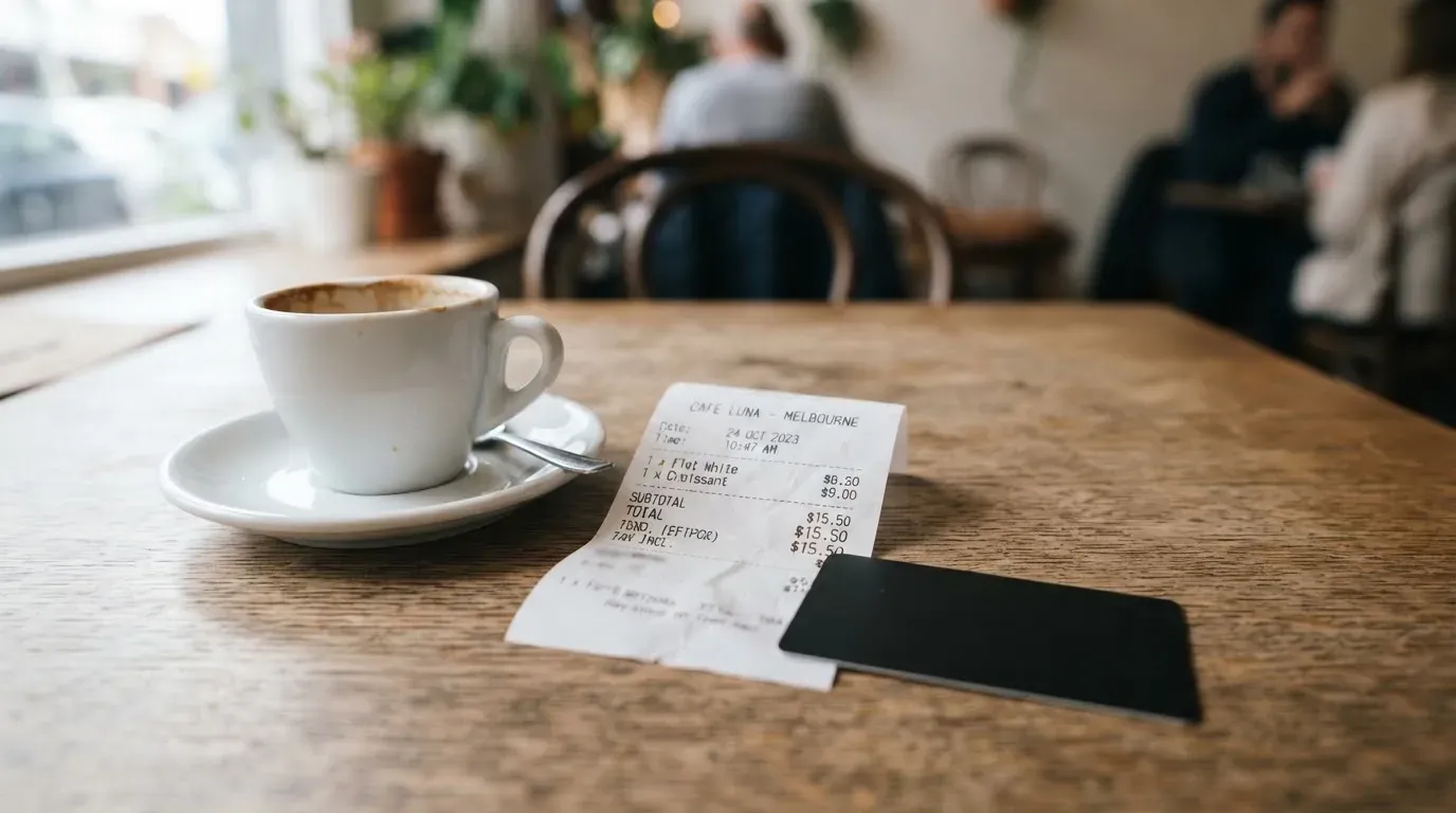 A receipt and a card on a café table