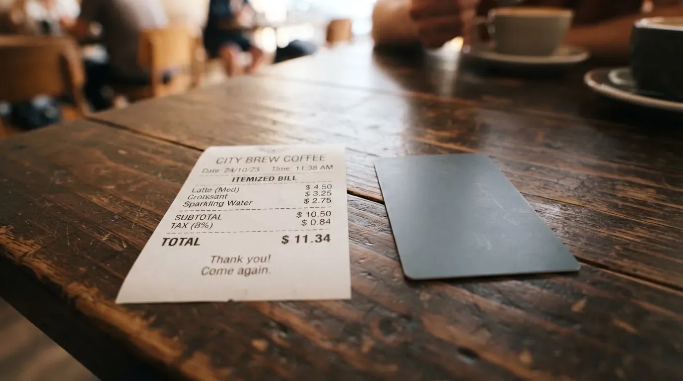 A receipt and a card on a café table
