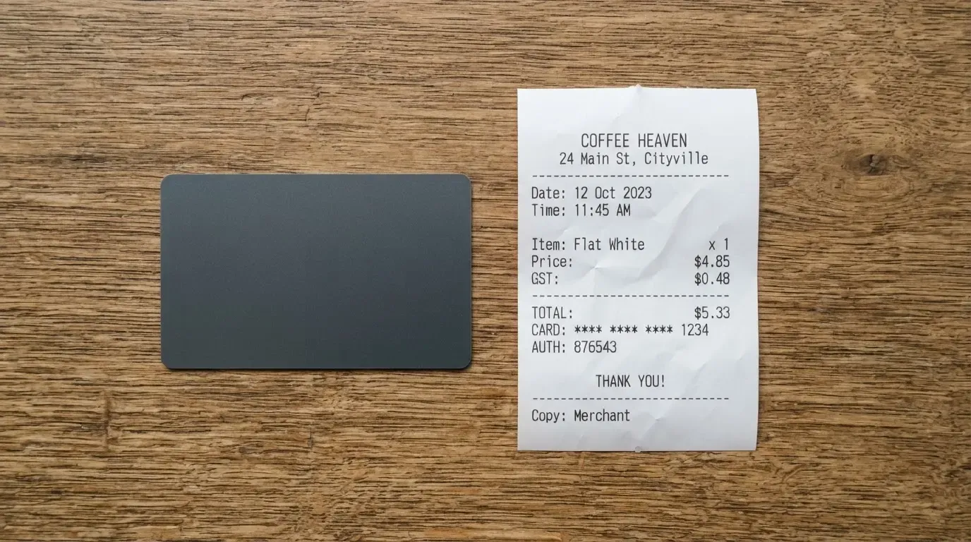 A receipt and a card on a café table