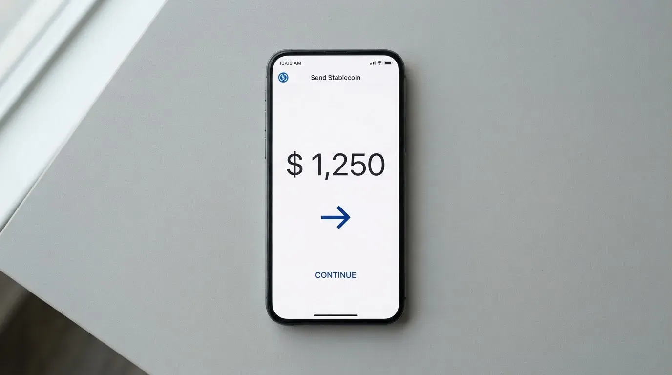 A phone showing a stablecoin transfer screen