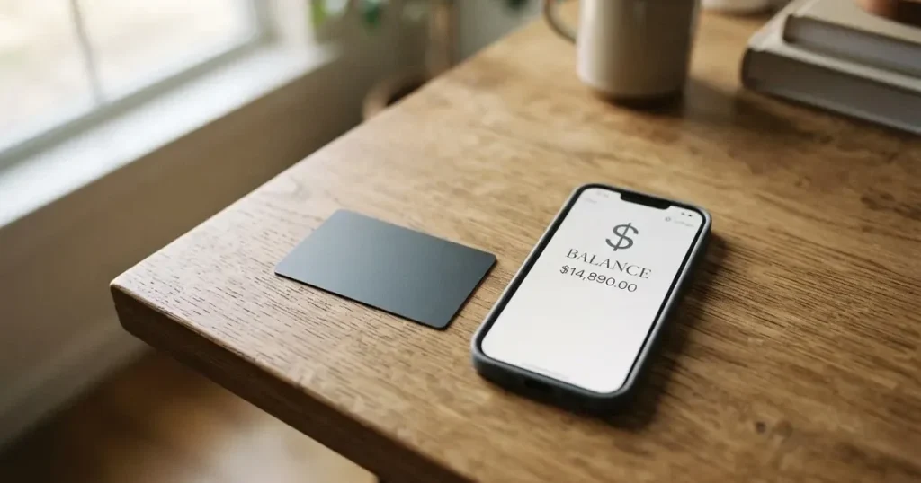 A payment card next to a phone with a crypto wallet app open
