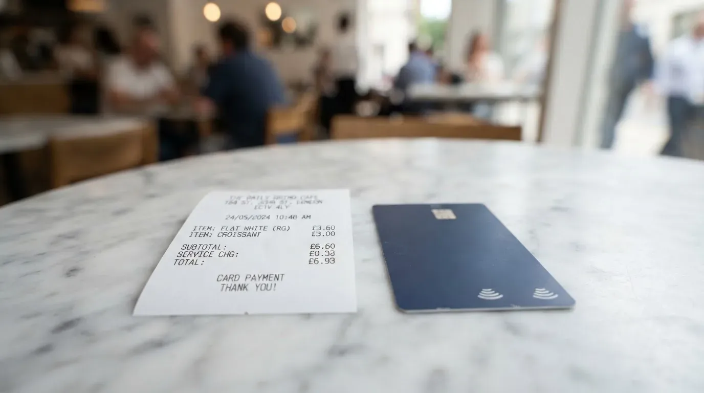 A receipt and a card on a café table