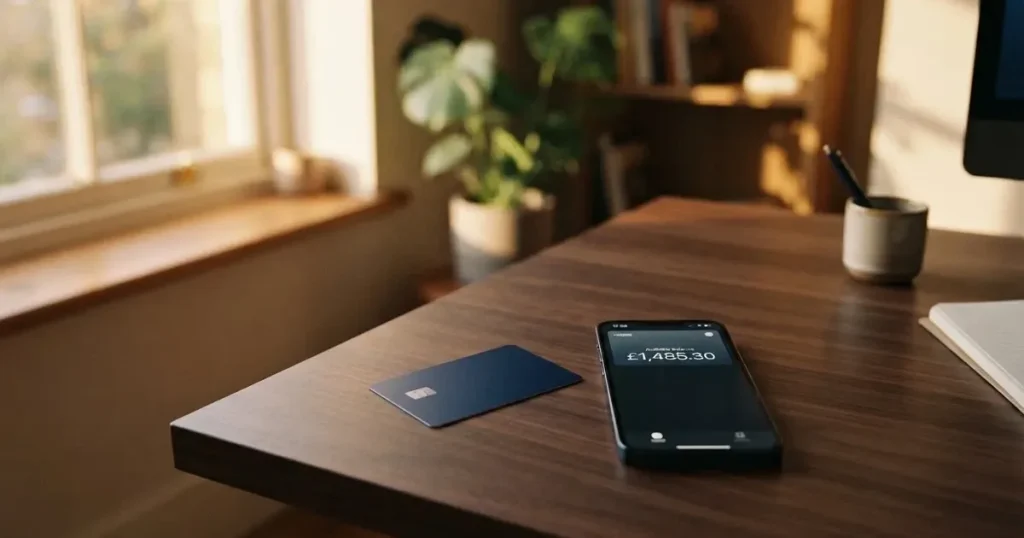 A payment card next to a phone with a crypto wallet app open