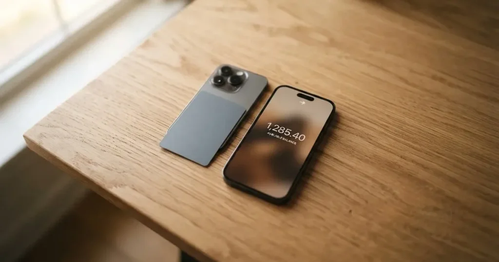 A payment card next to a phone with a crypto wallet app open