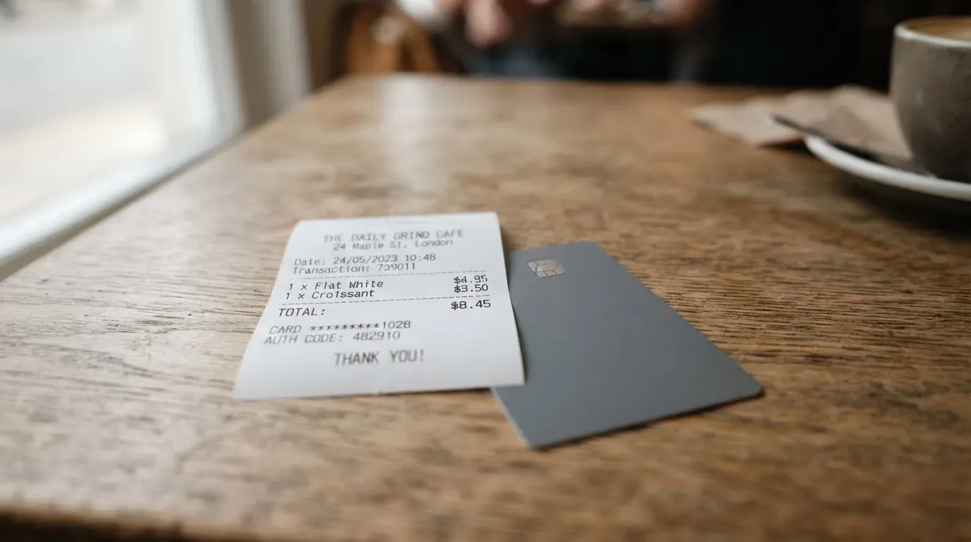 A receipt and a card on a café table