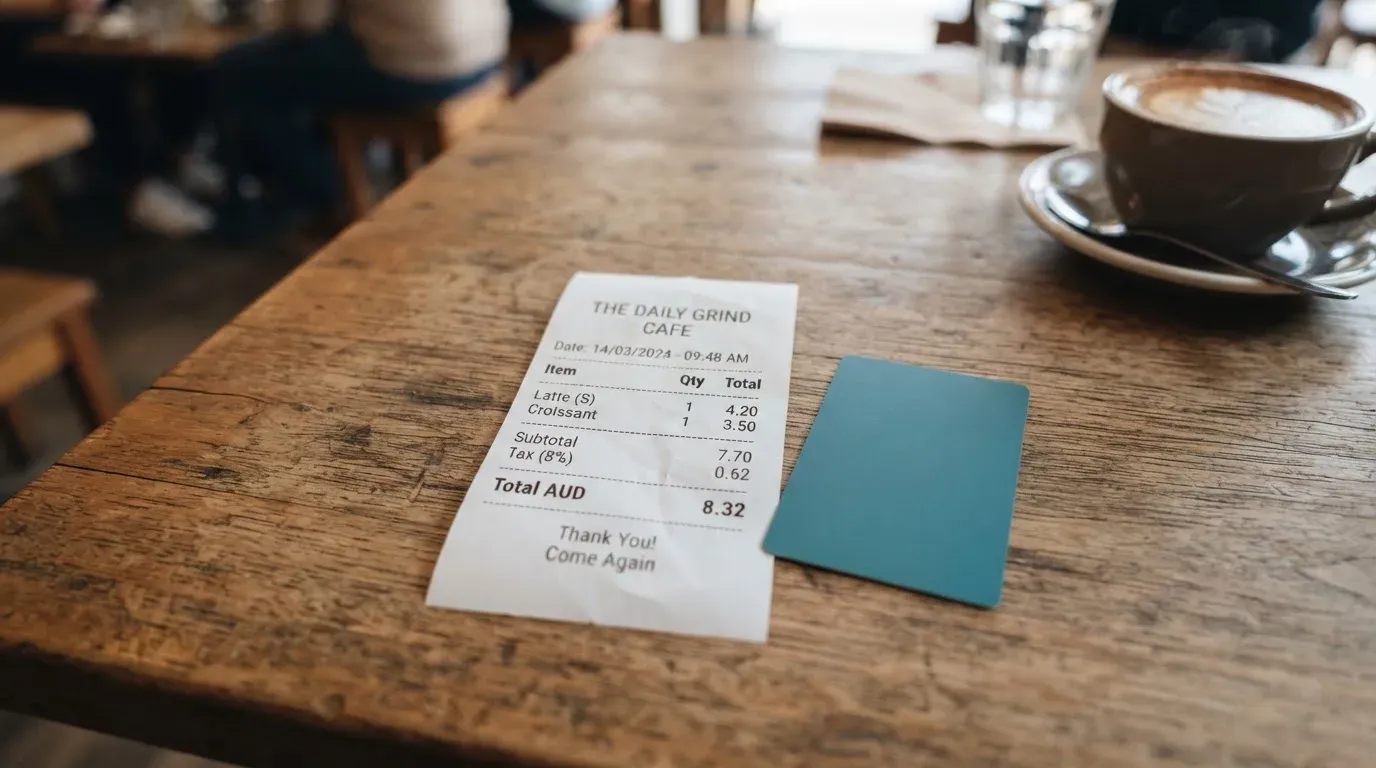 A receipt and a card on a café table