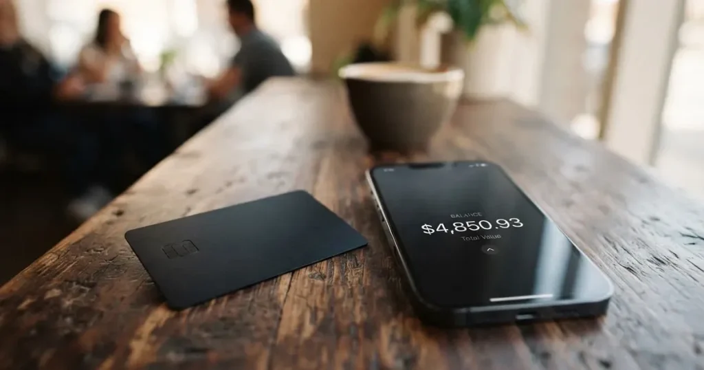 A payment card next to a phone with a crypto wallet app open