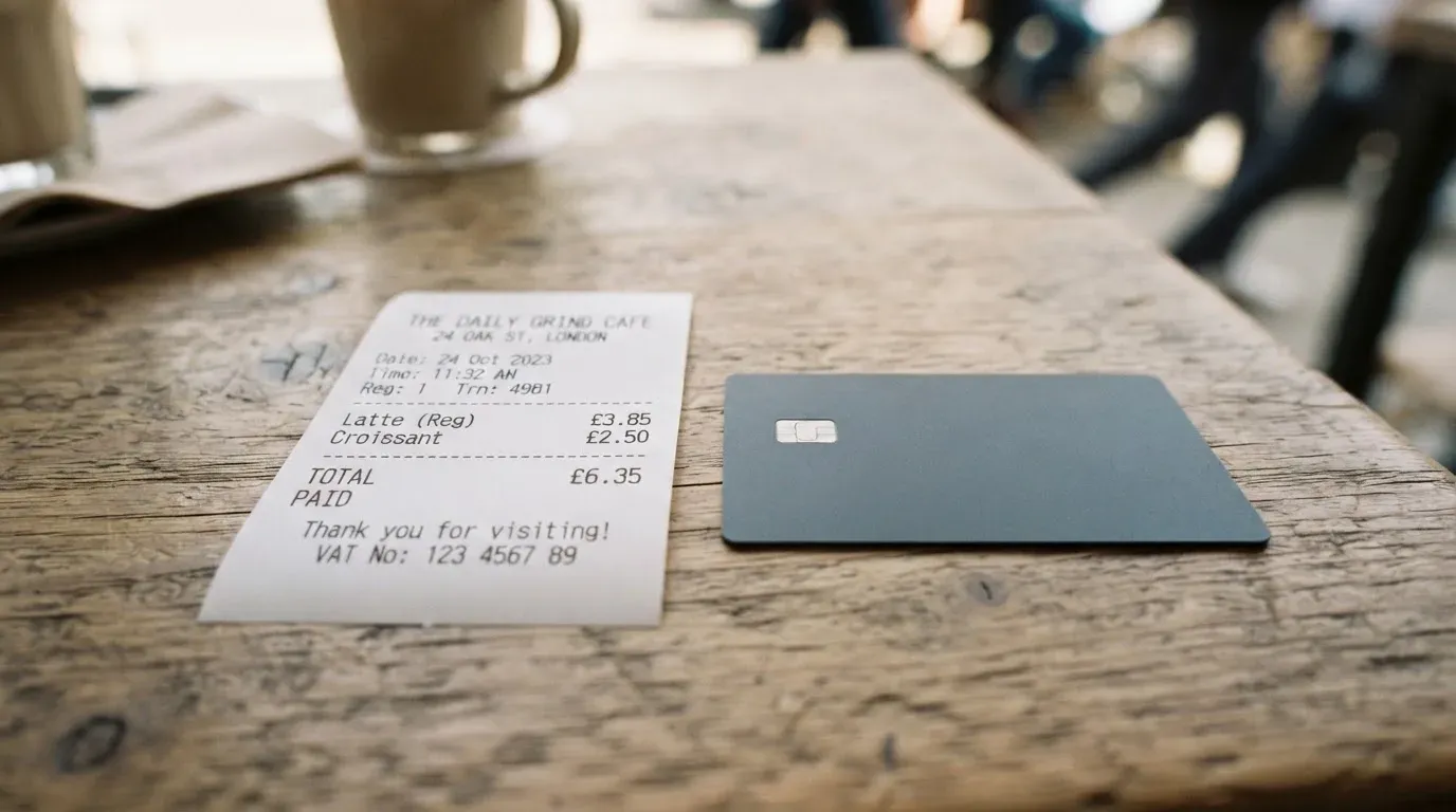 A receipt and a card on a café table