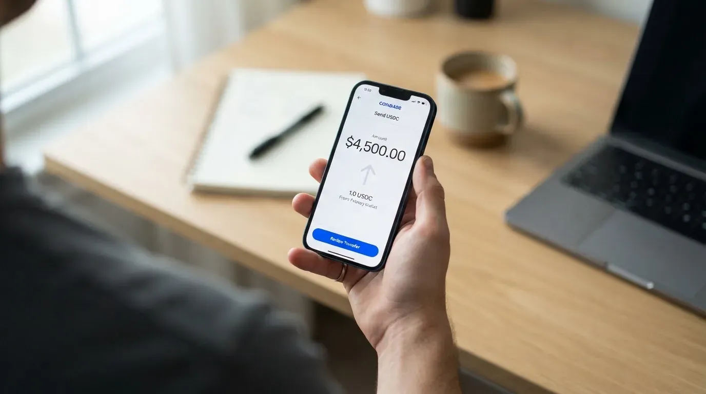 A phone showing a stablecoin transfer screen